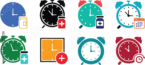  time to take medicine illustration set the image shows a set of clocks and medicine bottles the clocks are a simple design, and the medicine bottles are easy to distinguish