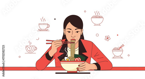 Woman Savoring Noodles with Chopsticks and Bowl Featuring Detailed Asian Cuisine