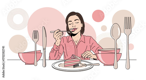 Woman savoring a delectable cake slice in an elegant dining setting illustration