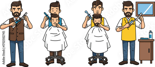 Professional barbers working with clients in barber shop, haircut and beard grooming service, hairdresser tools vector illustration for business design.