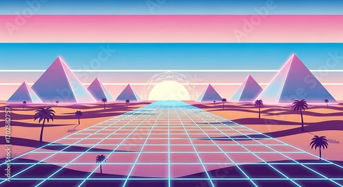 A retro-futuristic digital landscape with a glowing grid road leading to pyramids under a vibrant sunset.