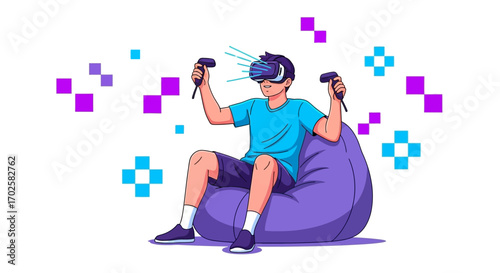 Virtual Reality Gamer Enjoying Immersive Gameplay Experience With Animated Graphics And Modern