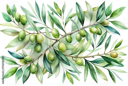 Watercolor olive branch with green olives and leaves isolated on white background, a symbol of peace and abundance in nature