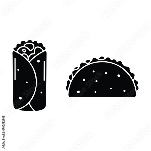 Simple black silhouette icons of a burrito and a taco for mexican food concepts
