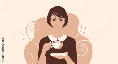 Woman Sipping Coffee in Abstract Minimalist Composition with Cream or Brown Colors