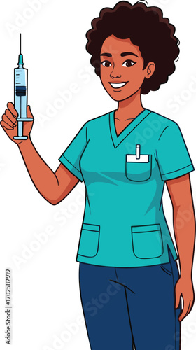 Smiling nurse holding syringe ready for injection, medical healthcare professional wearing uniform, vaccination, hospital treatment, doctor assistant vector illustration.