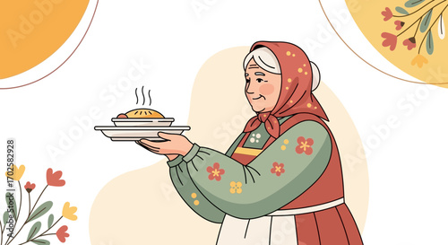 Warmhearted Grandmother Serving Freshly Baked Pie Depicted In A Delightful Illustration