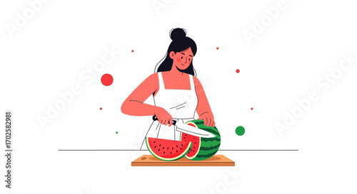 Woman Slicing Fresh Watermelon, Preparing Summer Snack, Colorful Illustration Concept