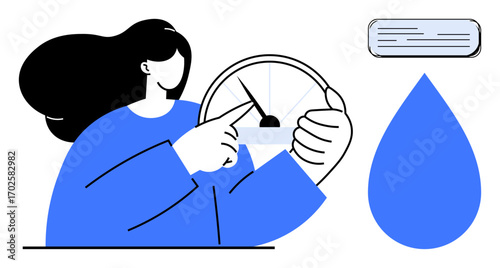 Woman pointing at water usage gauge with large water droplet and floating text bubble. Ideal for sustainability, water conservation, resource management, environmental awareness, efficiency tracking
