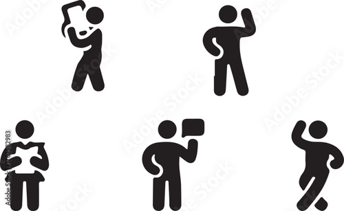 A collection of minimalist black pictograms representing various performance art roles like acting, dancing, and film directing.