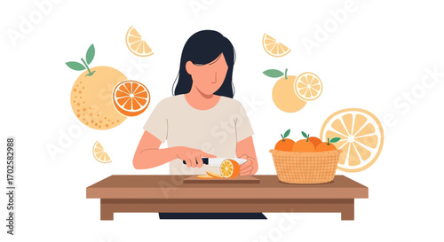Woman Slicing Juicy Orange Fruit on Wooden Table with Basket and Decorative Slices