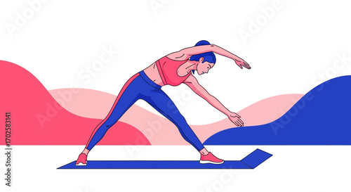 Woman Stretching in Yoga Pose, Bright Colors and Illustrative Style Graphic Design.