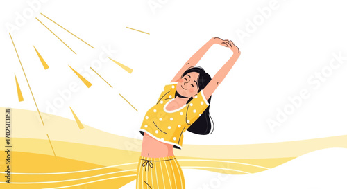 Woman Stretching Under Sunlight Against White Background Showing Feelings and Energy