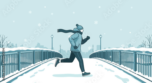Winter Jogging Silhouette: Running Forward in a Snow Covered Bridge Scene