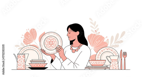 Woman admiring decorated tableware arrangement with floral details for domestic use