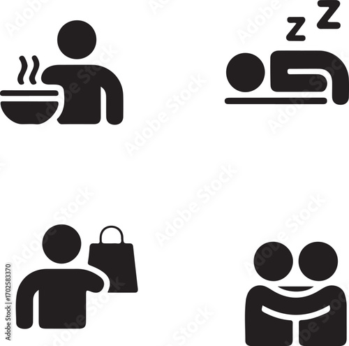 Daily Life Pictograms Eating, Sleeping, Shopping, and Hugging Represented in Simple Black and White Icons