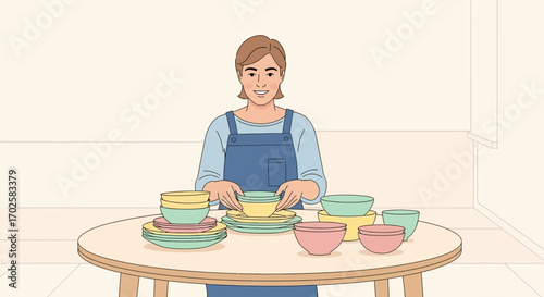 Woman Arranging Dishes On Table Ready For Dinner Presentation And Serving In A Dining Room