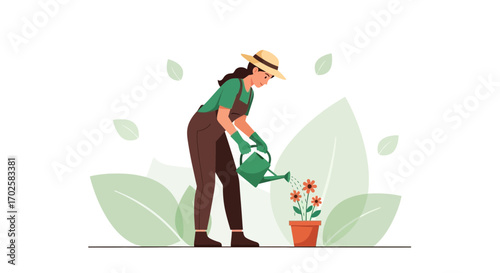 Woman Watering Flowers In Her Garden, Cultivating And Nurturing The Blossoms