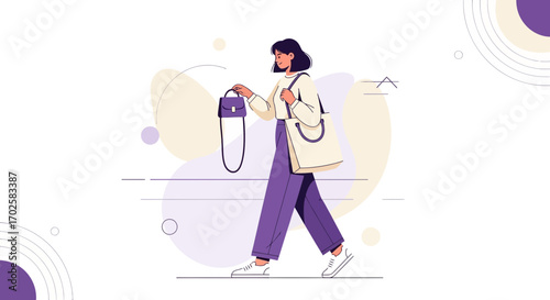 Woman Walking With Handbag and Tote Bag in Trendy, Minimalist Flat Vector Illustration