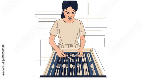 Woman Arranging Elegant Silverware Within A Kitchen Drawer In A Minimalist Style