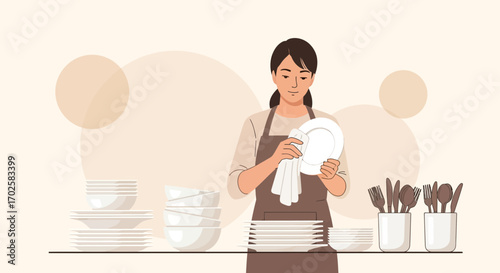 Woman Wiping Plate In Kitchen Environment, Performing Daily Home Chores Activity.