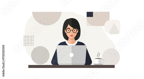 Woman Working On Laptop With Coffee And Geometric Shapes Background For Online Project