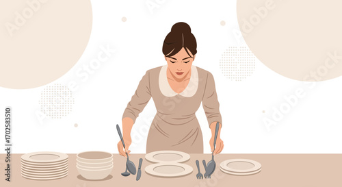 Woman Arranging Tableware for Formal Dining, Serving with Grace and Attention to Detail
