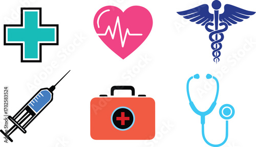 Illustration of medical icons includes a cross, heart, caduceus, syringe, first aid kit, and stethoscope perfect for healthcarerelated content or medical designs