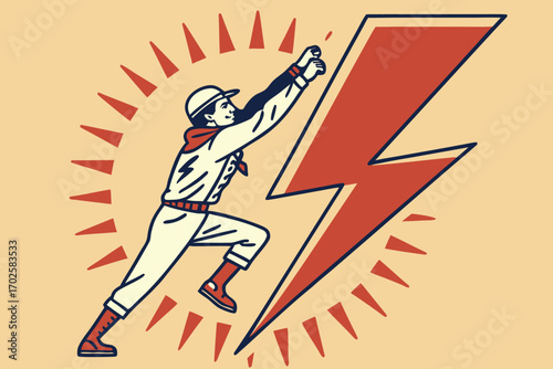Vector art of a determined worker in uniform climbs a large red lightning bolt against a sunburst background, symbolizing energy, progress, and the pursuit of ambitious goals