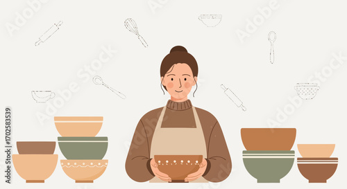 Woman Baking with Bowls Illustration: Kitchen Scene and Culinary Preparation Concept