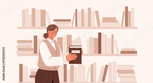 Woman Browsing Bookshelves, Holding a Book Surrounded by a Variety of Literature