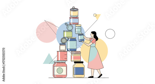 Woman Building A Tower Of Food Cans And Jars In Abstract Graphic Style Illustration