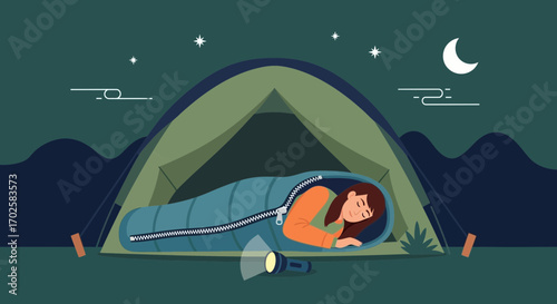 Woman Camping Peaceful Sleep Under Tent At Night Amidst Stars And Moonlight