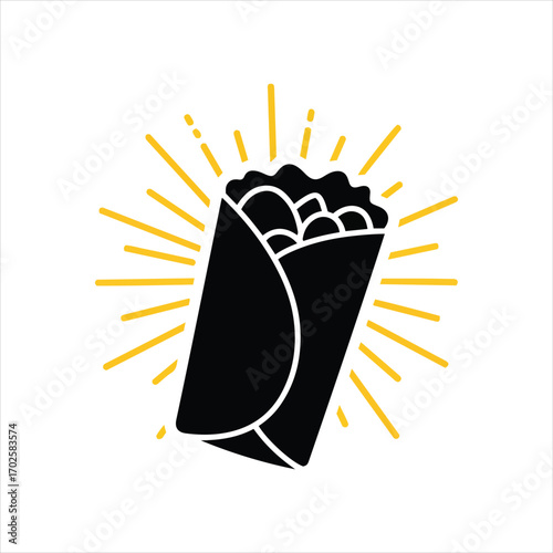 Hand drawn black silhouette of a delicious burrito with golden rays bursting outward