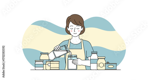 Woman Canning Fresh Produce, Preparing Food, Storing Supplies At Home, Kitchen Scene