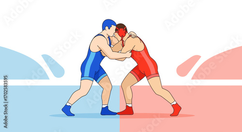 Wrestlers In Intense Competition: Sporting Event Cartoon Illustration Of Body Contact