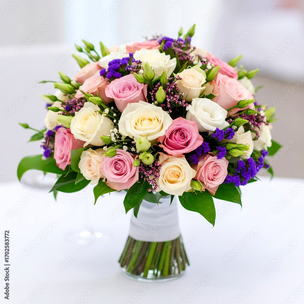 Fototapeta premium Beautiful wedding bouquet of pastel roses, cream, pink, and purple, with greenery