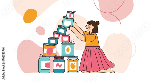 Woman Carefully Stacking Canned Goods Depicting Resourcefulness And Strategic Planning