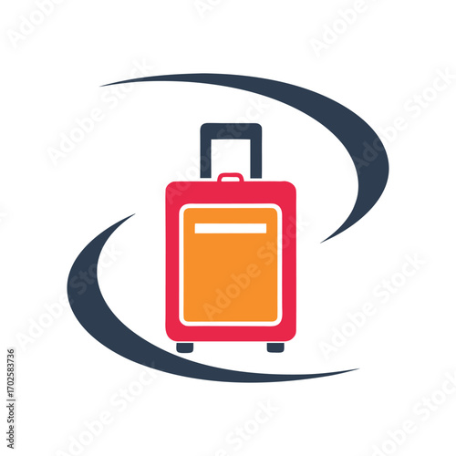 Red and orange suitcase with dark blue curved swooshes on white background luggage