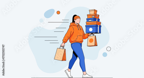Woman Carrying Shopping Bags and Boxes Representing Express Delivery or Purchases
