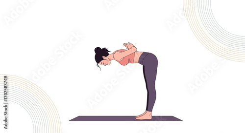 Yoga Pose Illustration Depicting a Woman in a Deep Forward Bend with Hands Clasped