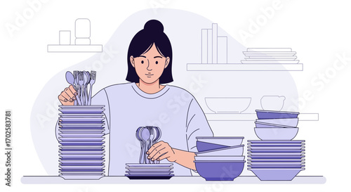 Woman Cleans Dishes In Kitchen After Meal Is Complete And Everything Is Washed