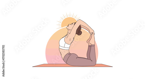 Yoga Pose Illustration Depicting A Woman In A Bow Posture With Sun Silhouette Detail