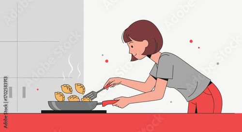 Woman Cooking Dumplings in The Kitchen, An Animated Illustration of Culinary Activity
