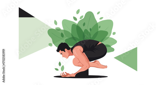 Yoga Practitioner Performing Crow Pose With Natural Green Elements Vector Illustration Design