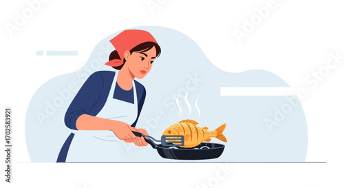 Woman Cooking Fresh Fish On A Pan, Preparing Food For A Delightful Dinner Meal