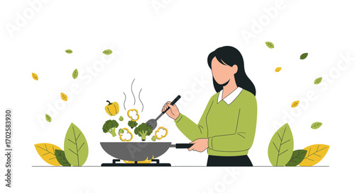 Woman Cooking Fresh Vegetables In A Pan With Healthy Vegetarian Culinary Style