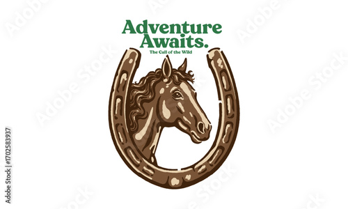 vintage logo of a horse head in a horseshoe. Retro artwork with Adventure Awaits quote for a t-shirt