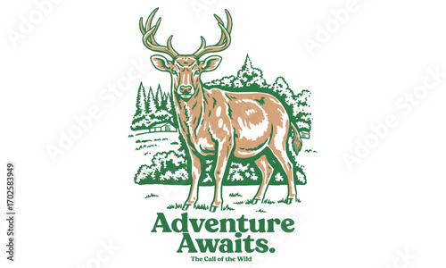 retro illustration of a deer in a forest landscape. Vintage Adventure Awaits artwork for a t-shirt