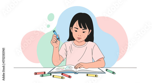 Young Artist Concentrates on Coloring, Embracing Creativity and Imagination in Artistic Expression